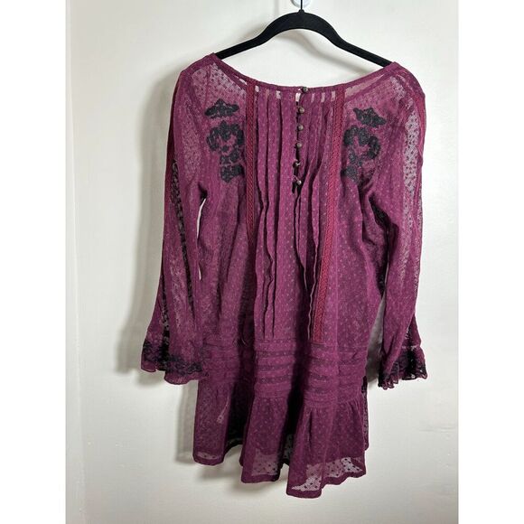 Free People Boho Sheer Plum Lace Mesh Swiss Dot Tunic Blouse Sz XS - Picture 3 of 4